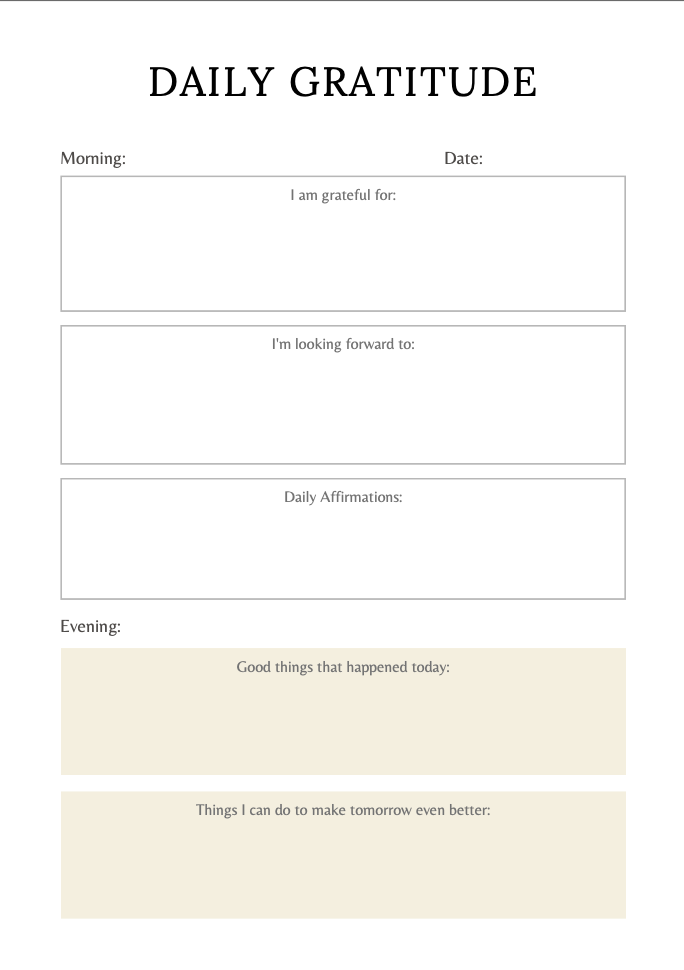 A thoughtfully designed "Daily Gratitude" worksheet featuring sections for morning reflections like gratitude, affirmations, and anticipation, as well as evening reflections on positive events and improvements, tailored for individuals with adhd to foster mindfulness and positivity. adhd management.