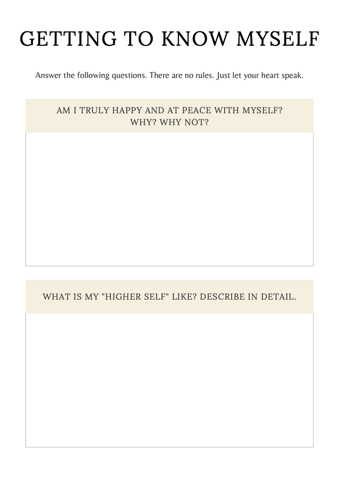 A self-reflection worksheet titled "Getting to Know Myself," featuring questions about happiness, peace, and envisioning one's higher self, tailored for adhd-friendly introspection. adhd management.